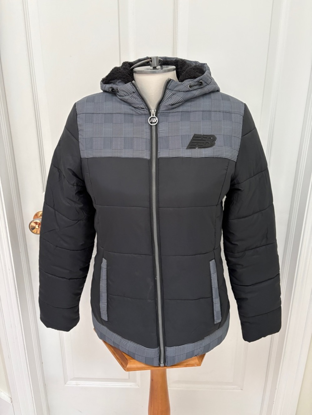 New Balance Black Jacket with Gray Plaid Yoke and Trim